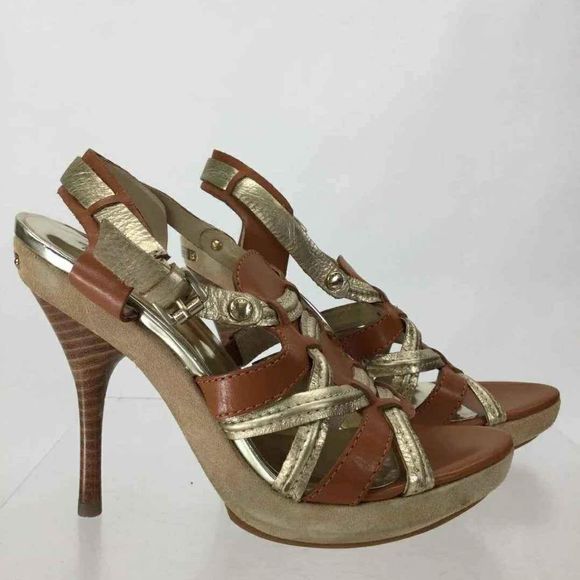 NEW MICHAEL Kors Designer Tan Gold Leather Slingback Stiletto Heels Pump 7M - Picture 1 of 5